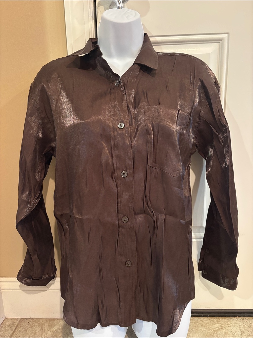Women's Brown Satin Button-Down Shirt
